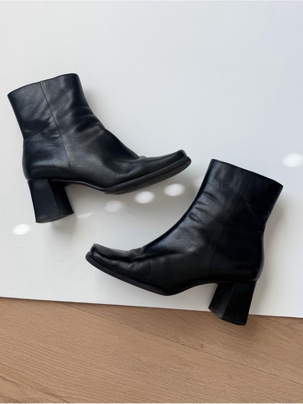 Vintage 90s Black Leather Ankle Boots 9 Square Chunky Heel Nine West